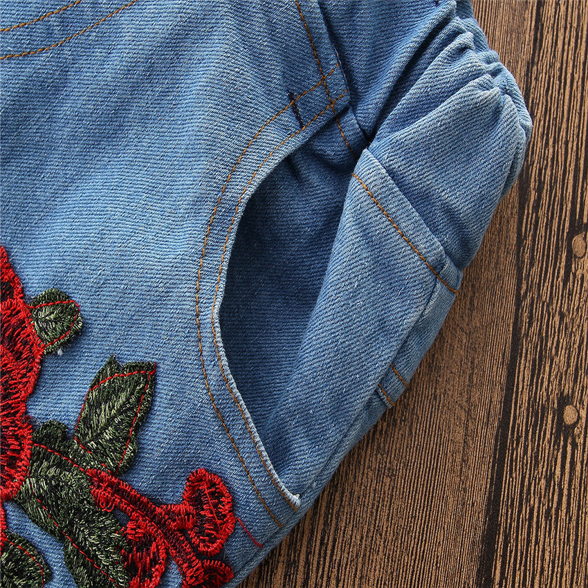 Summer Girls' Sling Shirt Plus Embroidered Jeans Suit