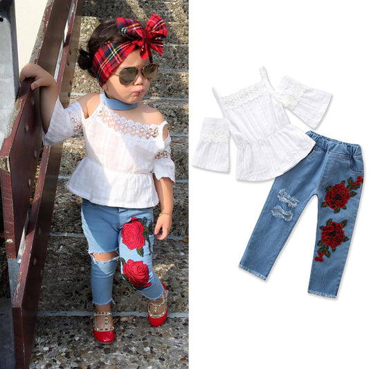 Summer Girls' Sling Shirt Plus Embroidered Jeans Suit