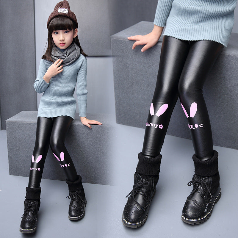 Girls' Fleece-lined Thick Leather Pants Leggings