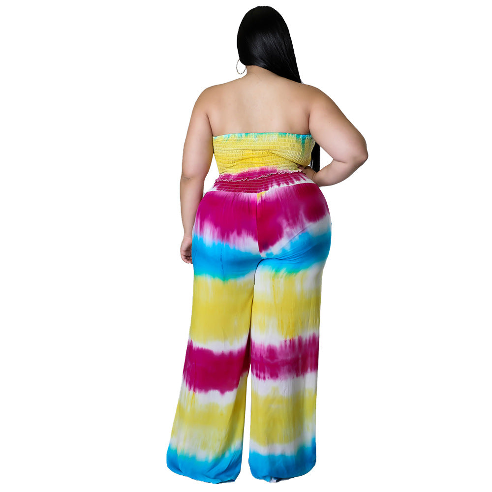 Women's Tie-dye Print Chest-wrapped Backless Plus Size Two-piece Suit