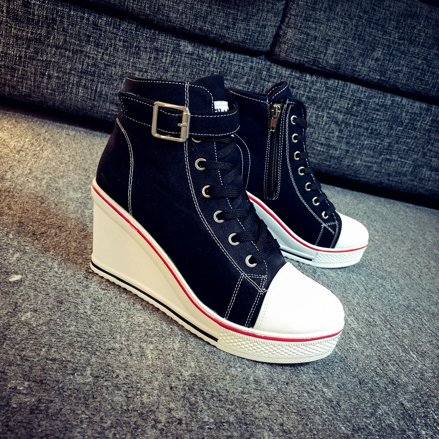 Side zip 8 cm heightened thick bottom wedge high-top canvas shoes women