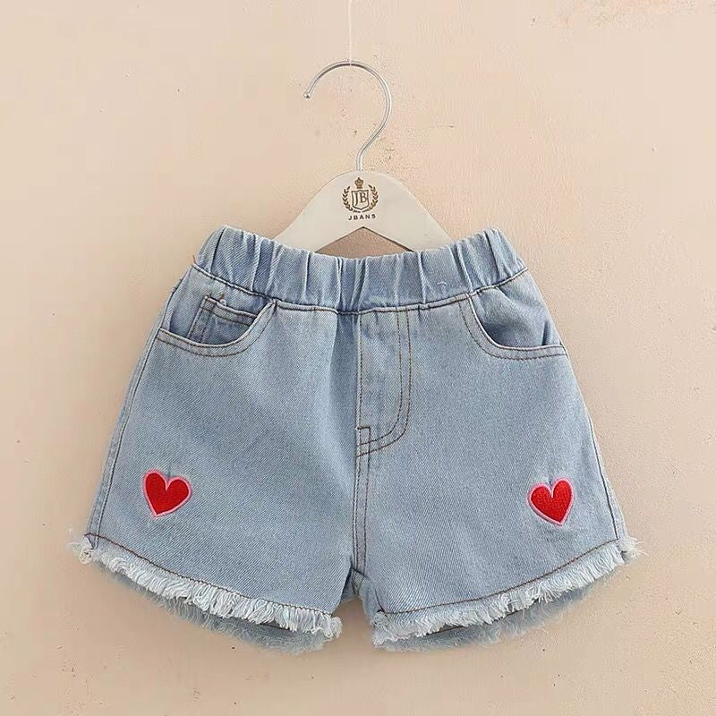 Girls summer embroidered love denim shorts