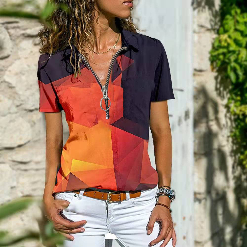 Bohemian Western Ethnic Wind Zipper Shirts With Short Sleeves