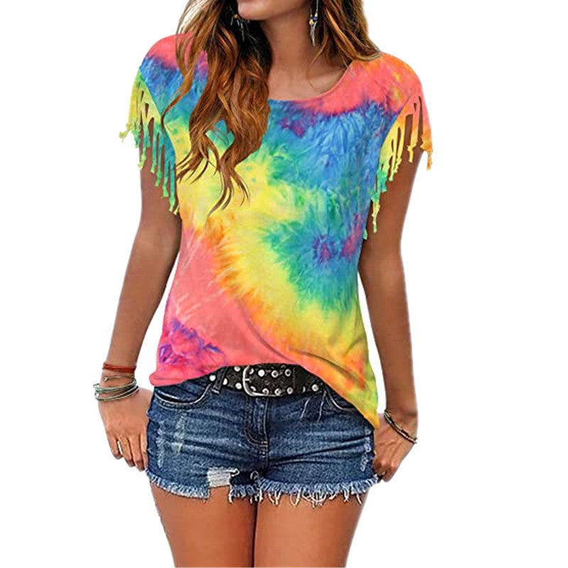 Tie-dye burnt tassel short sleeves