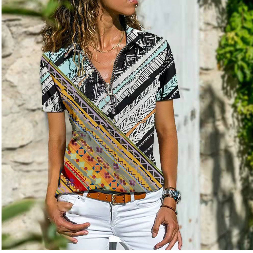 Bohemian Western Ethnic Wind Zipper Shirts With Short Sleeves