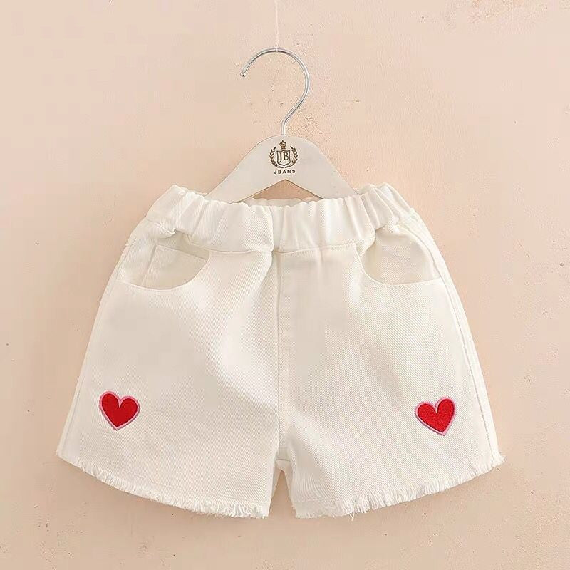 Girls summer embroidered love denim shorts