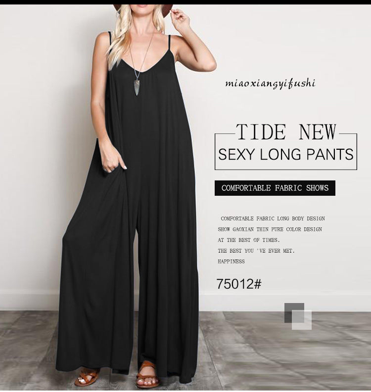 Casual Loose V Neck Long Jumpsuits