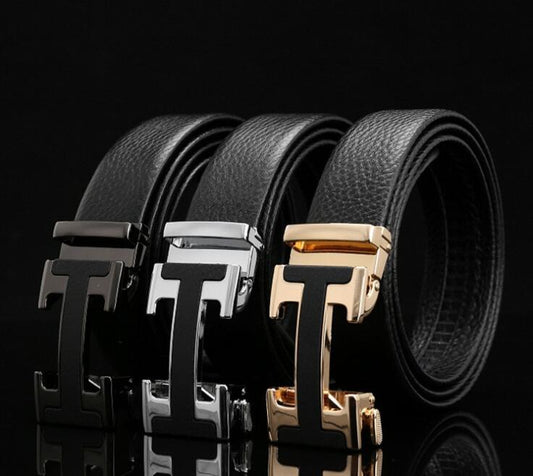 Automatic buckle men's belt leather lychee pattern