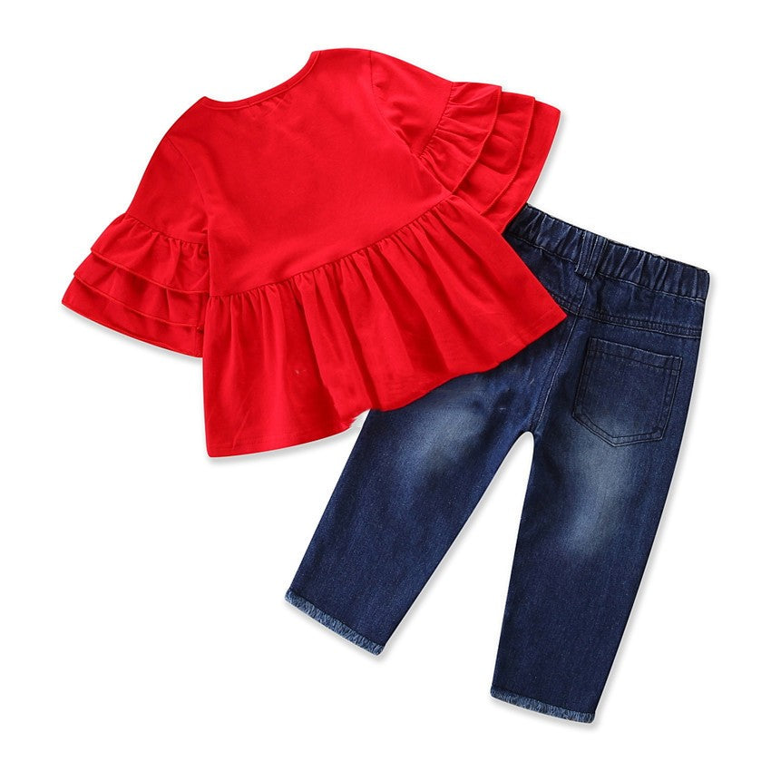 Girls' Suit Trendy Trumpet Sleeve Top Embroidered Jeans Suit