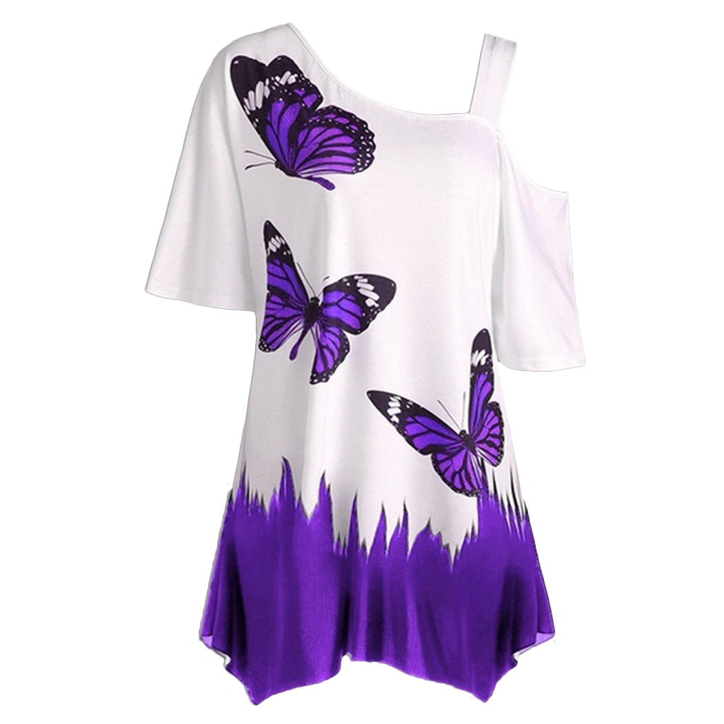 Short Sleeve Women Tops One Shoulder Summer Fashion Butterfly Printed Blouse Plus Size Tunic Casual Shirts Loose Blusas