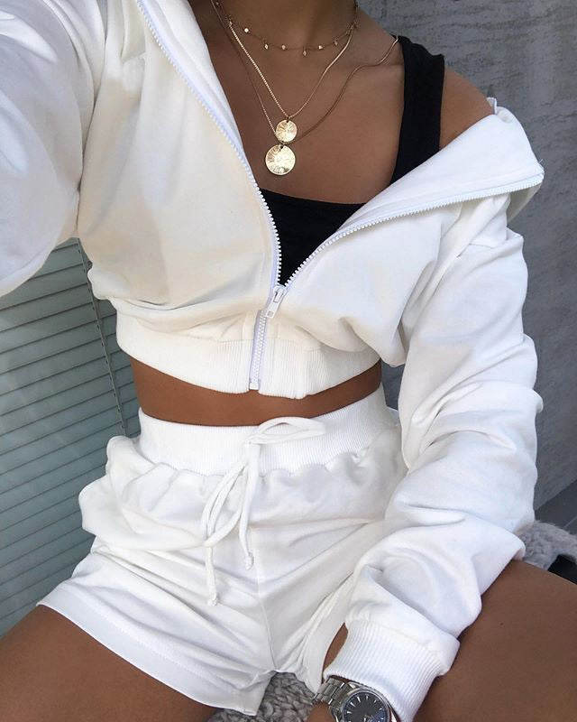 Hooded Zipper Loose Sports Shorts Long Sleeve Set