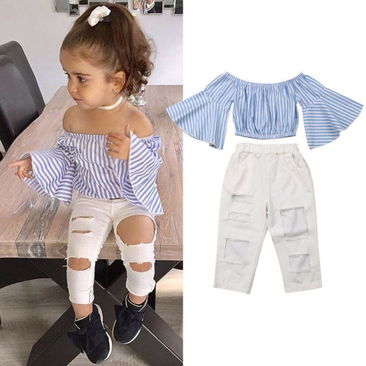 Girls Flared Sleeve White Ripped Jeans Suit