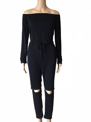 One Line Collar Oblique Shoulder Jumpsuit Feminine Sense Of Ripped Leggings