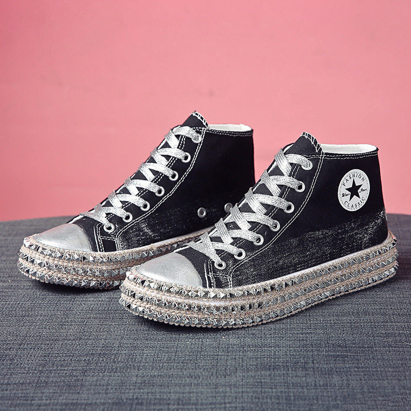 Fashion High-Top Rhinestone Canvas Shoes Women Korean Style Personality Plus Size Women'S Casual Canvas Shoes