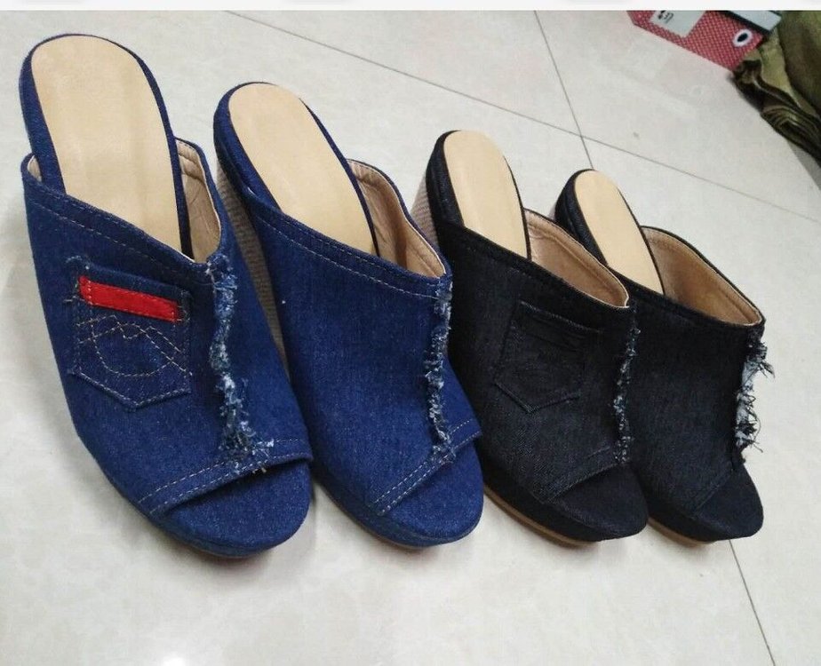 Summer Women Slippers Denim Fish Mouth Shoes Platform High-Heeled Wedge Sandals