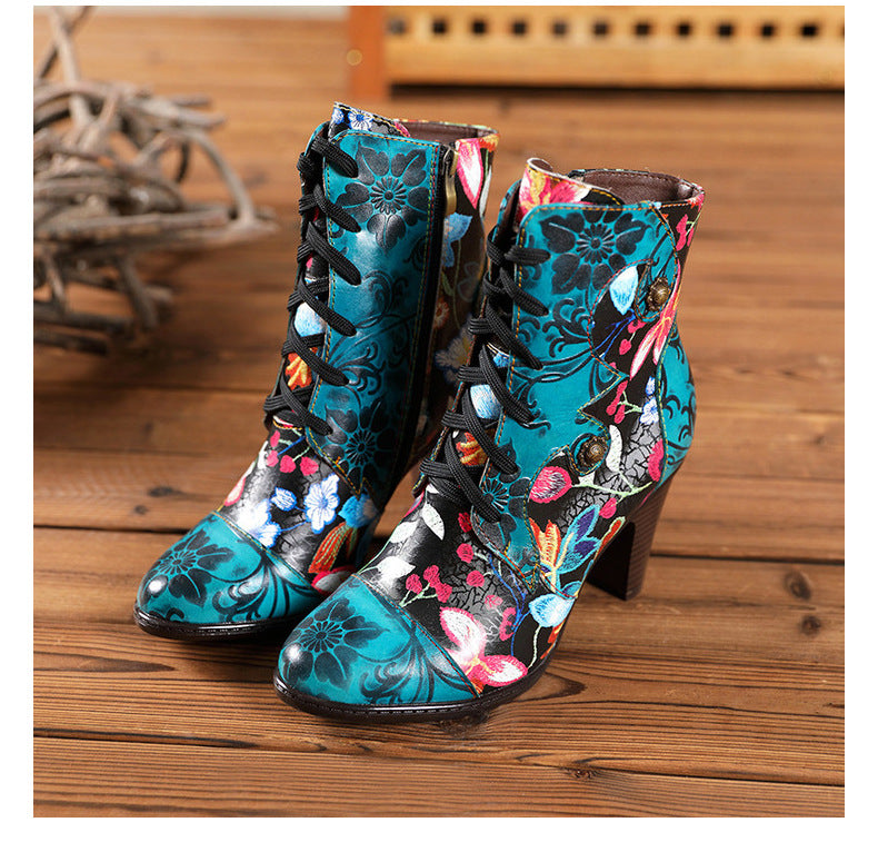 European And Beautiful Women Boots Autumn And Winter Fashion Ethnic Leather Handmade Retro Floral Shoes High-Heeled Boots