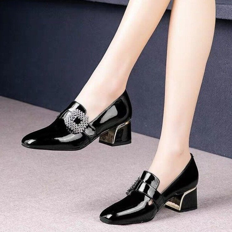 Trendy Thick Heel Shoes Women Square Toe  Mouth Shoes Rhinestone Patent Leather High Heels Low-Top Shoes