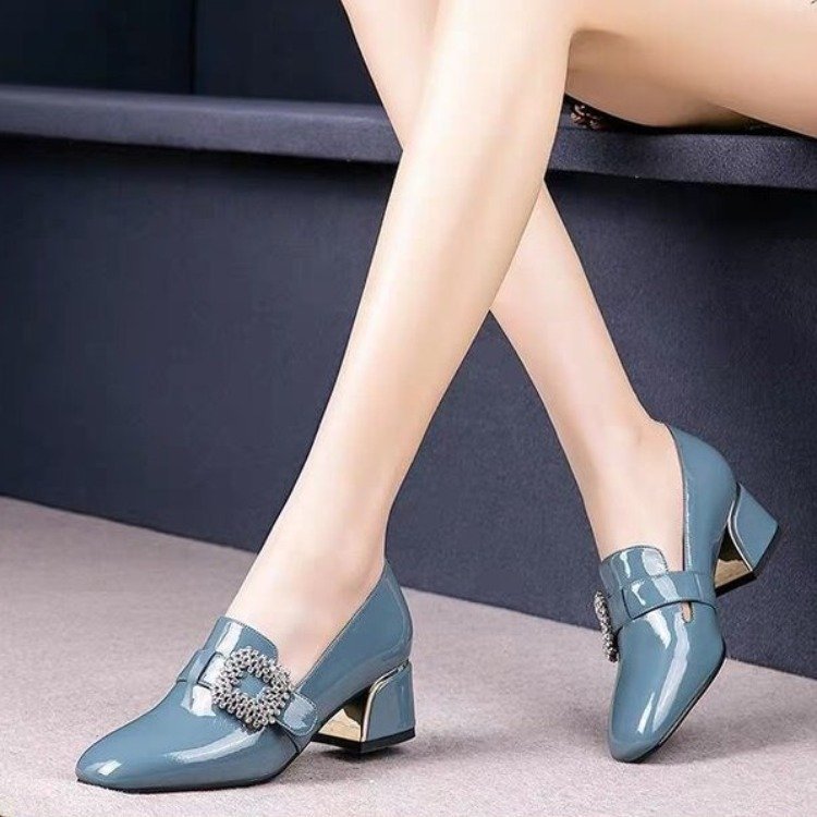 Trendy Thick Heel Shoes Women Square Toe  Mouth Shoes Rhinestone Patent Leather High Heels Low-Top Shoes