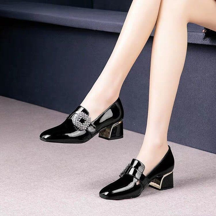 Trendy Thick Heel Shoes Women Square Toe  Mouth Shoes Rhinestone Patent Leather High Heels Low-Top Shoes