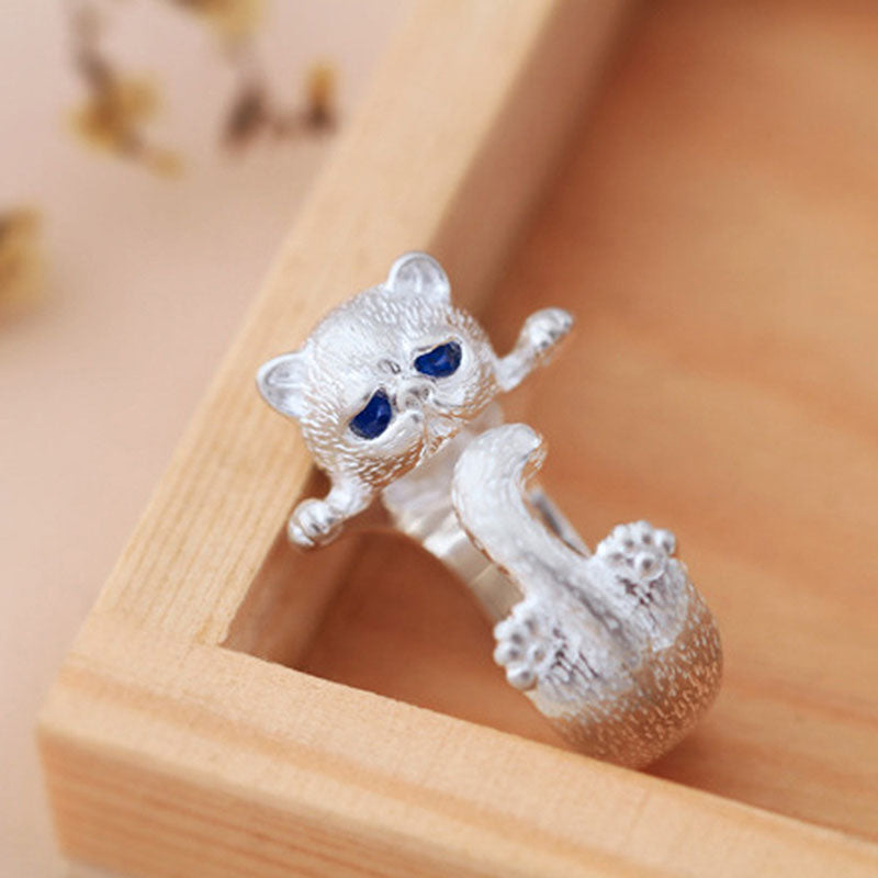 Hot Cute Lifelike Cat Opening Rings For Women Trendy Silver