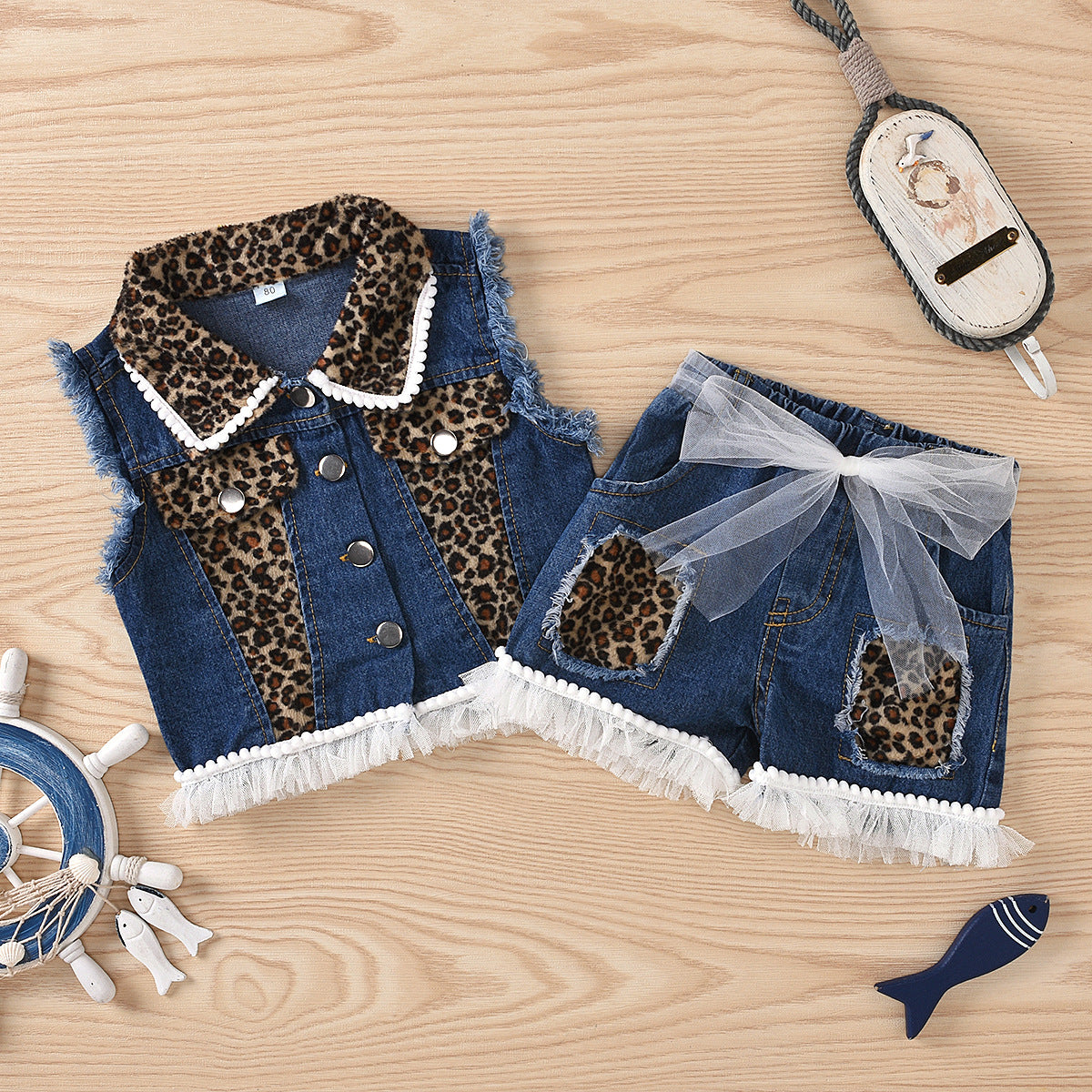 Children's Girls Sleeveless Lapel Denim Jacket   Shorts Suit Leopard Stitching Mesh