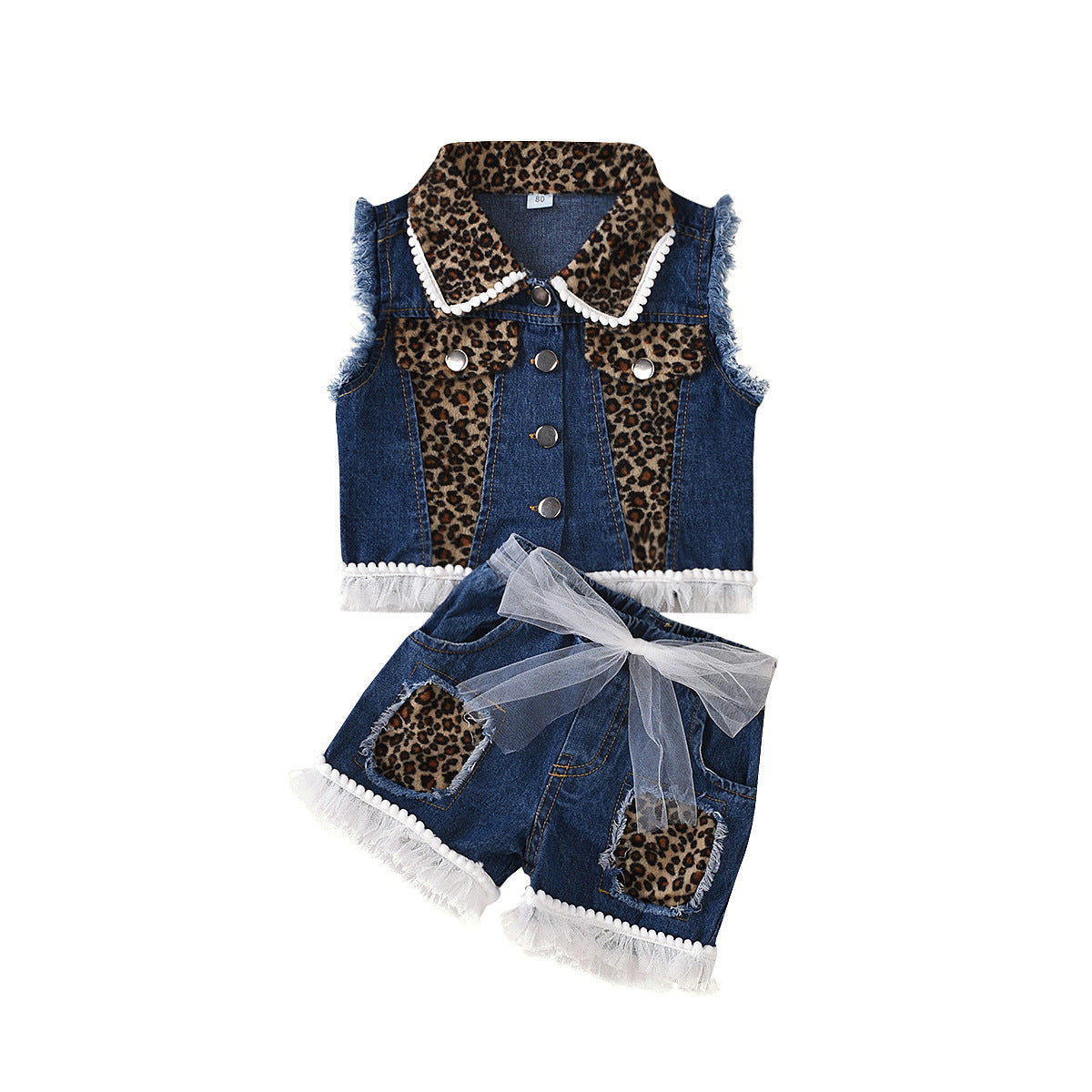 Children's Girls Sleeveless Lapel Denim Jacket   Shorts Suit Leopard Stitching Mesh