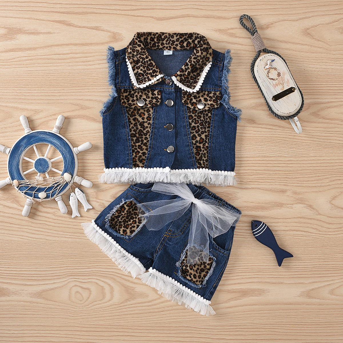 Children's Girls Sleeveless Lapel Denim Jacket   Shorts Suit Leopard Stitching Mesh