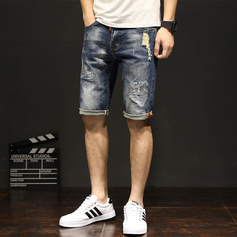 18 New Elastic Pants Summer Men\'s Casual Jeans Korean Fashion Hole Cat Beard Straight Pants