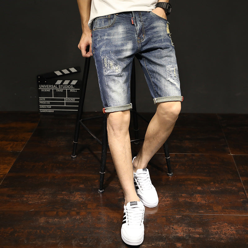 18 New Elastic Pants Summer Men\'s Casual Jeans Korean Fashion Hole Cat Beard Straight Pants