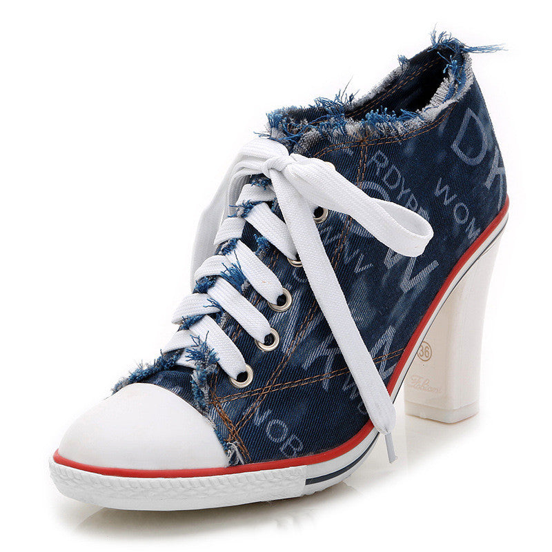 Spring And Autumn All-match Fashionable Camouflage Shoes Women Korean Denim High Heels