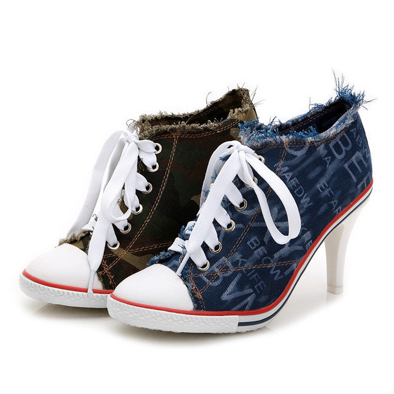 Spring And Autumn All-match Fashionable Camouflage Shoes Women Korean Denim High Heels