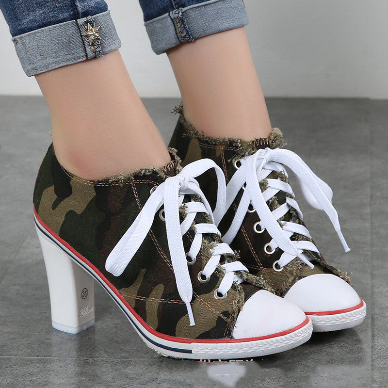 Spring And Autumn All-match Fashionable Camouflage Shoes Women Korean Denim High Heels