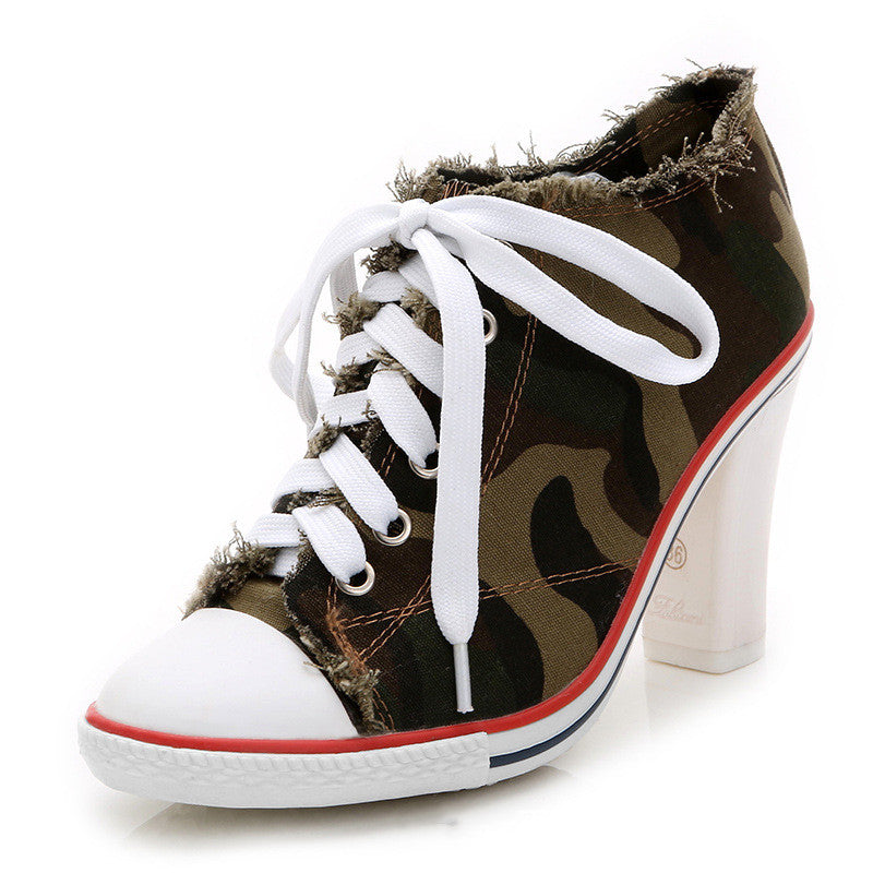 Spring And Autumn All-match Fashionable Camouflage Shoes Women Korean Denim High Heels