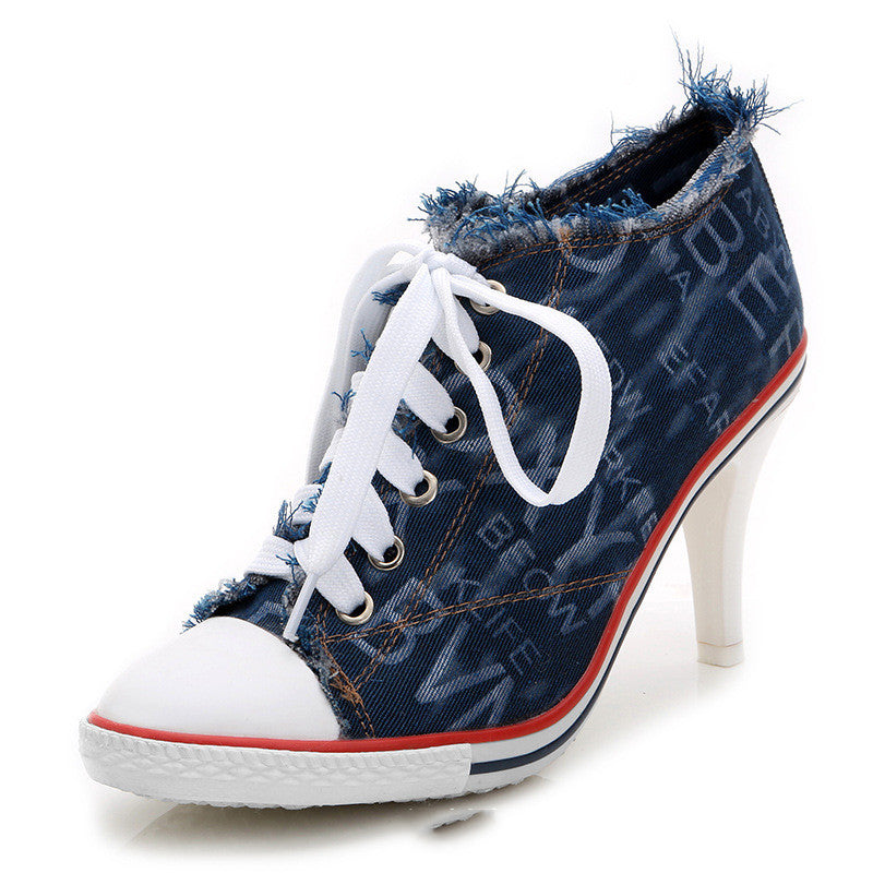 Spring And Autumn All-match Fashionable Camouflage Shoes Women Korean Denim High Heels