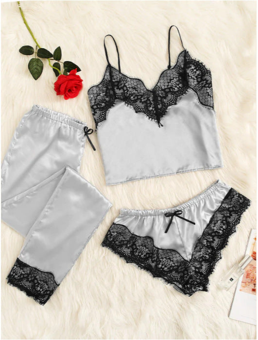 Homewear Fashion And Comfortable Lace Sling Pajamas Three-piece Set