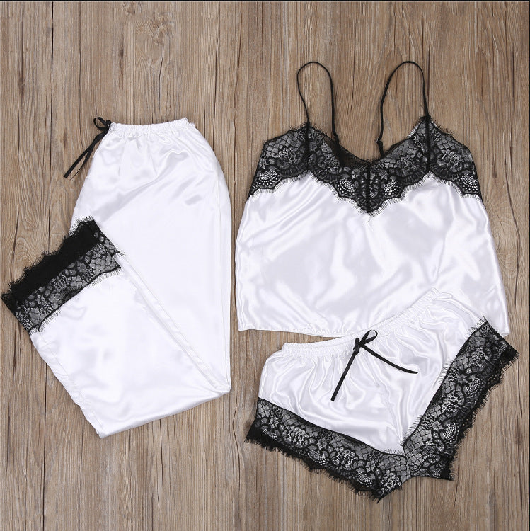 Homewear Fashion And Comfortable Lace Sling Pajamas Three-piece Set