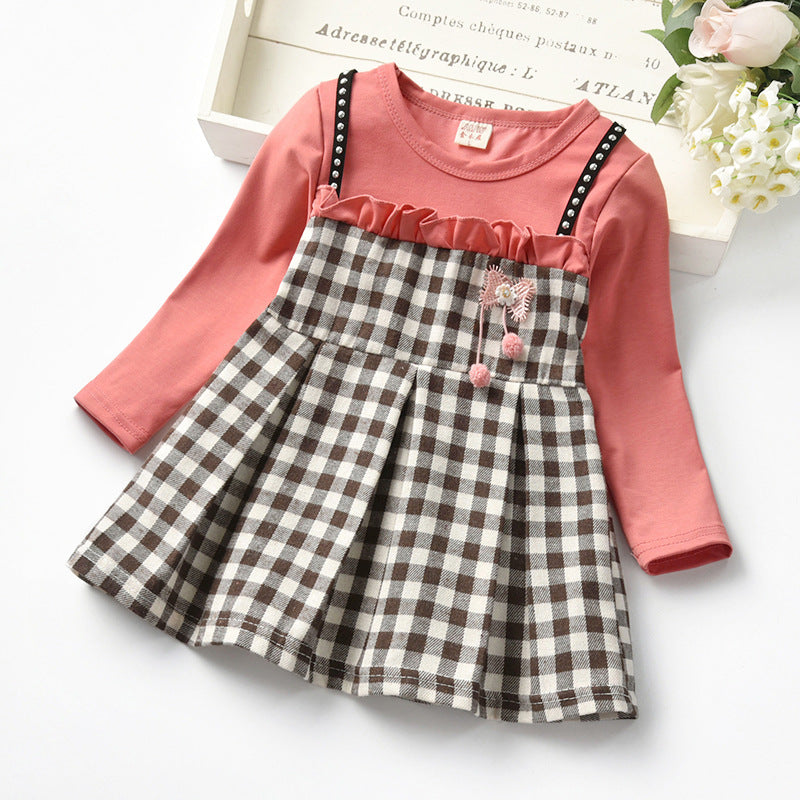 Factory Autumn Rivet Plaid Long Sleeve Children Girl Dress Girl Fake Two-piece Lace Princess Dress