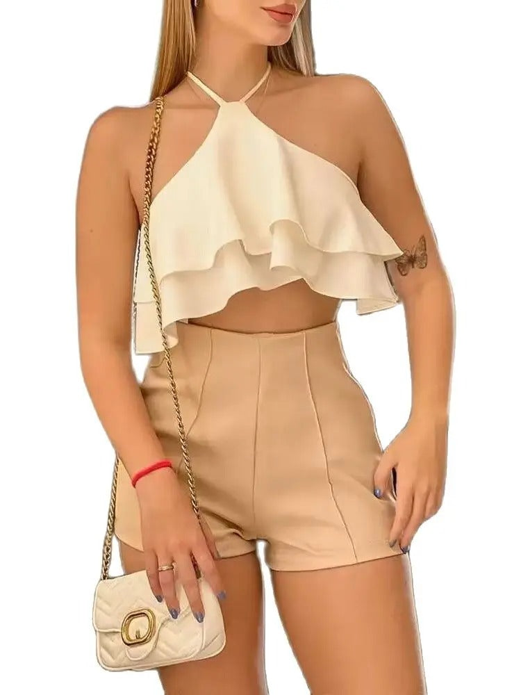 Women's Ruffled Halter Spaghetti Straps Shorts Suit