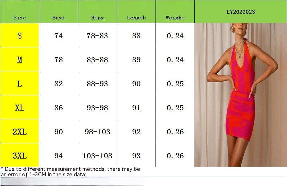 European And American Women's Clothing Spring And Summer New Contrast Color Sexy Halter V-neck Hip Wool Dress