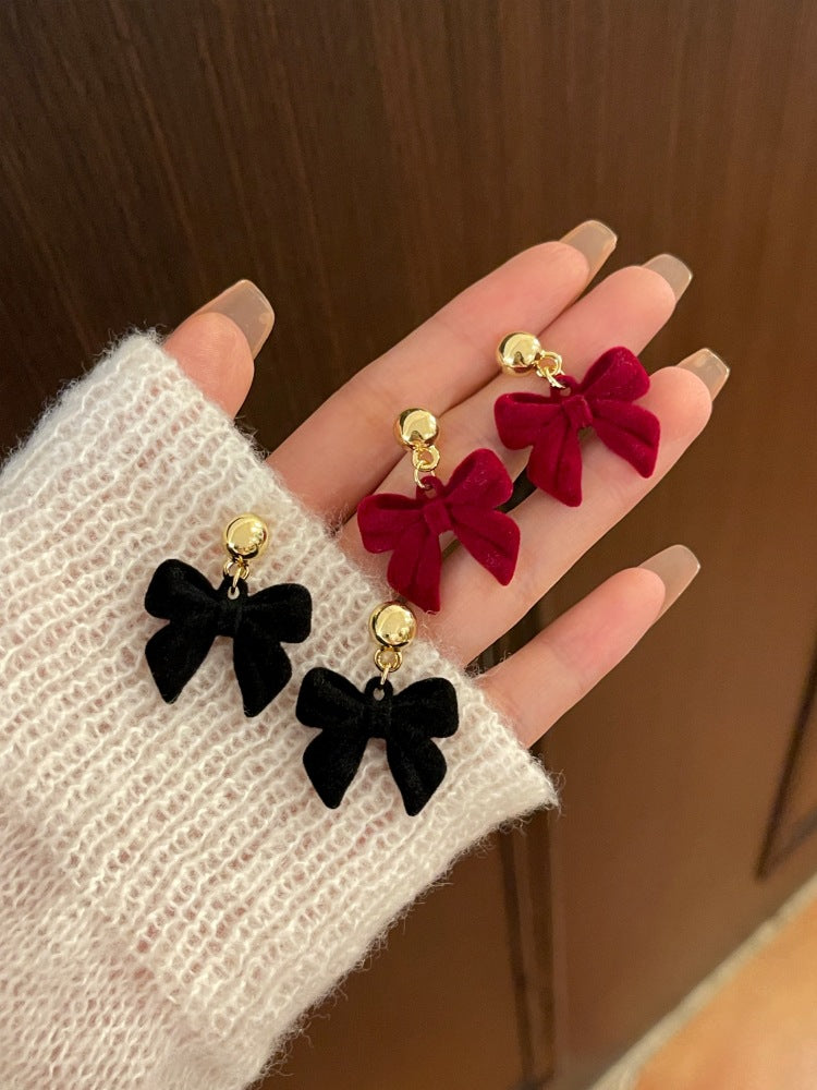 Wine Red Flocking Bow Stud Earrings Women's