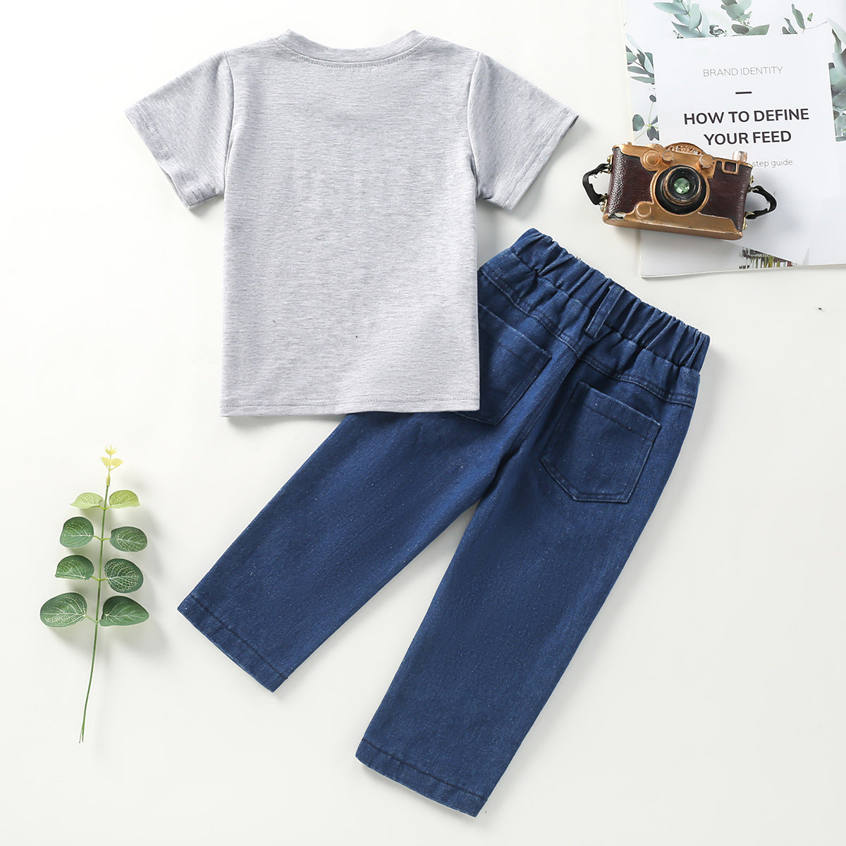 Solid Color Letter T-shirt Denim Ripped Trousers Suit