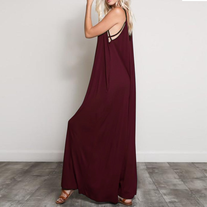 Casual Loose V Neck Long Jumpsuits