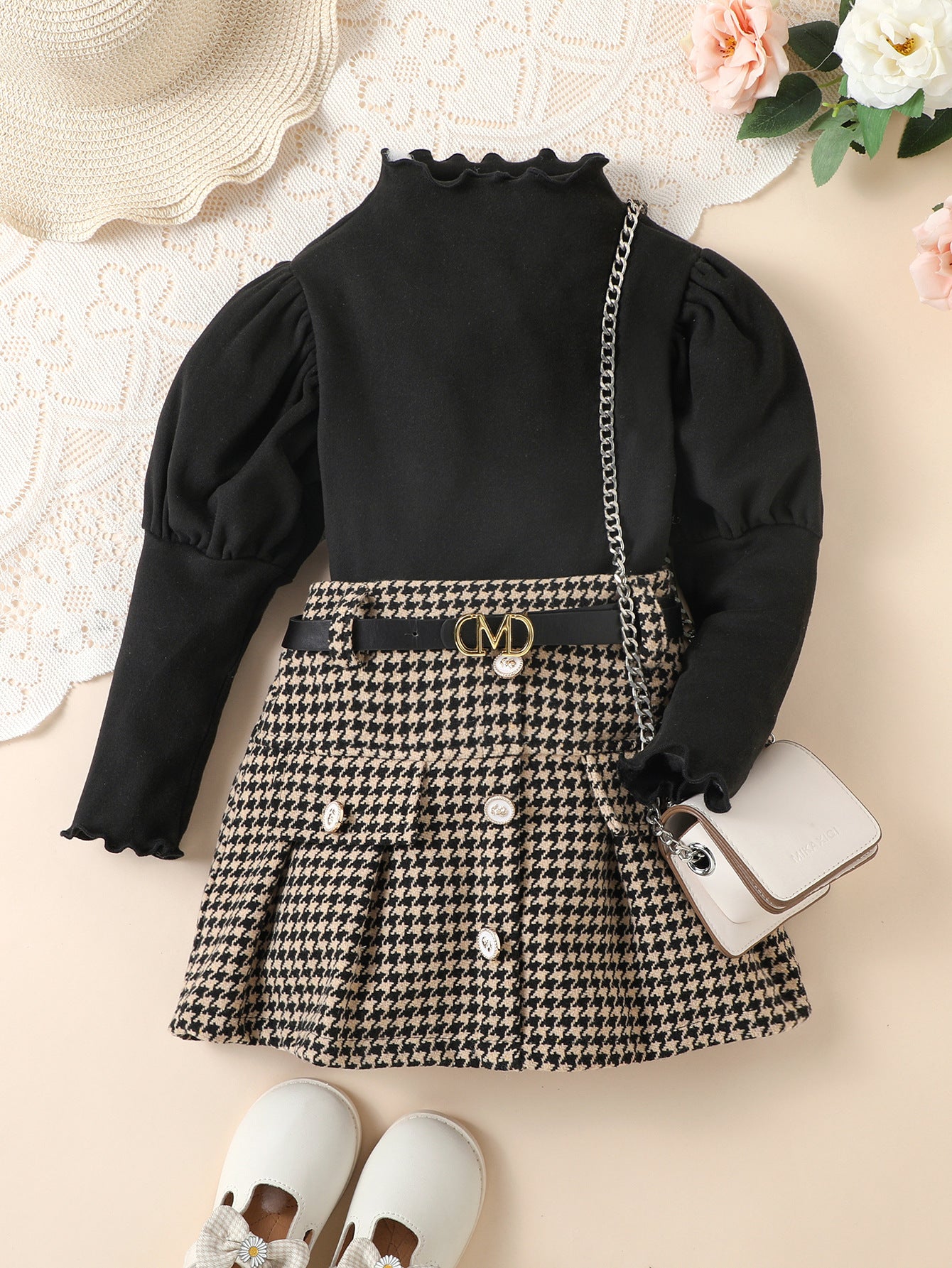 Fashion Houndstooth With Belt Skirt