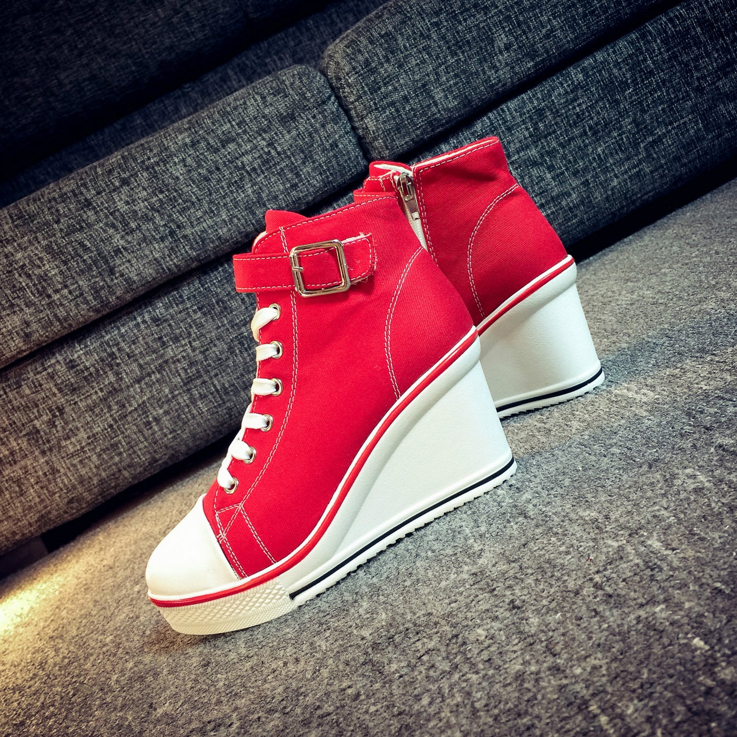 Side zip 8 cm heightened thick bottom wedge high-top canvas shoes women