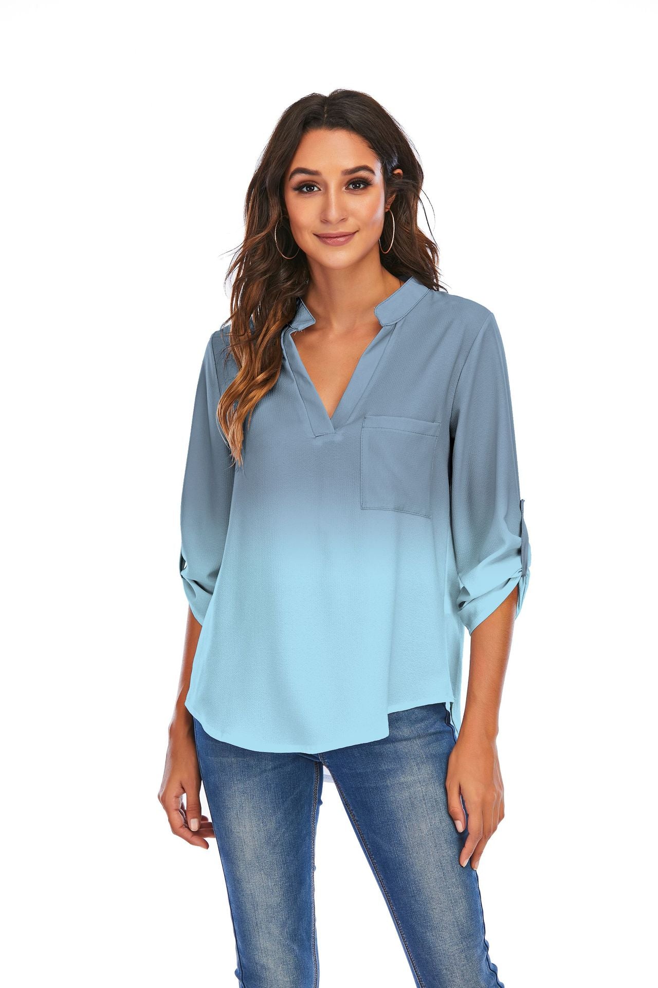 Gradient V-Neck Pockets Loose Shirts