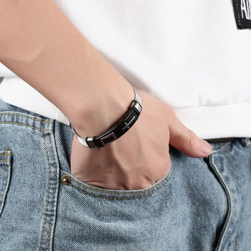 Men's Adjustable Bracelet 3D Cross Stainless Steel Mesh Chain Bracelets Bangles