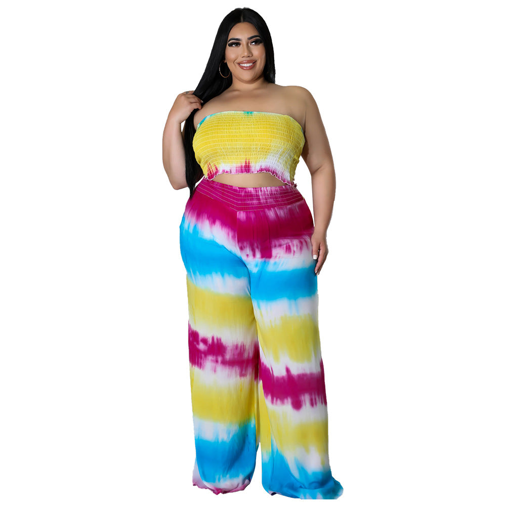 Women's Tie-dye Print Chest-wrapped Backless Plus Size Two-piece Suit