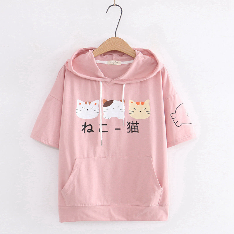 Hooded Short-sleeved T-shirt Girl Student Wear Cartoon Cat