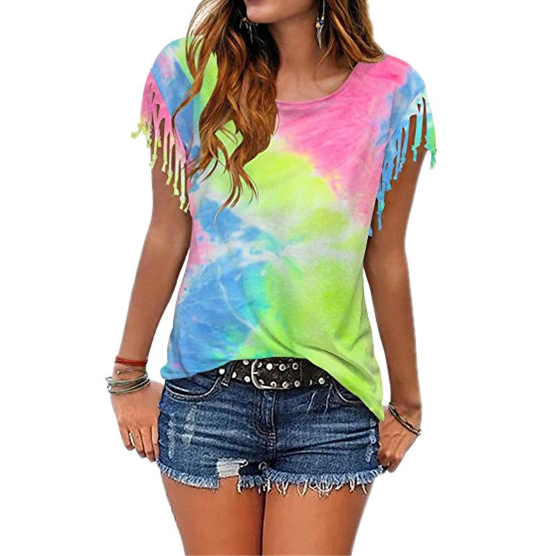 Tie-dye burnt tassel short sleeves