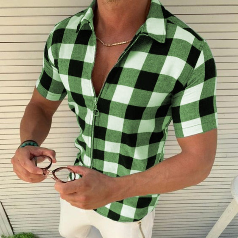 Short Sleeve Plaid Zipper T Shirts